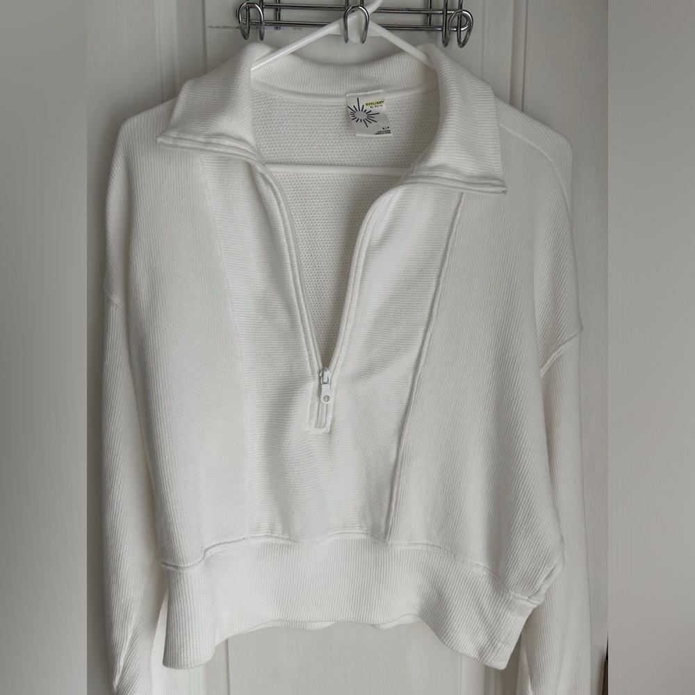 Aerie White Ribbed Quarter-Zip Sweatshirt